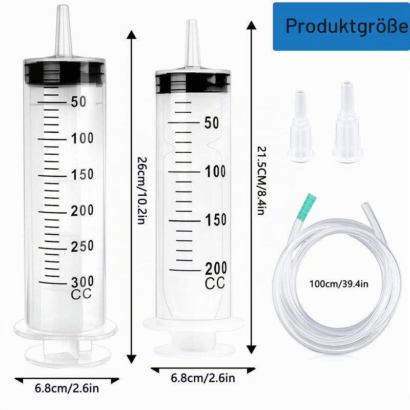2 x Syringes, Syringe 200 ml + 300 ml, Syringe with Hose, Large Syringe | Extraction syringe, oil syringe, dosing syringe without needle, syringe set for laboratory, industry, animal feeding 200ml+300ml