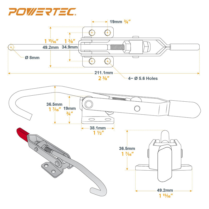 [Australia - AusPower] - POWERTEC 2PK Toggle Clamp with J Hook, 375 lbs Holding Capacity, 451 Adjustable Pull Action Latch for Smoker, Tool Box, Woodworking Jigs and Fixtures, Cabinet, Lids, Door, Truck (20308-P2) 451, 2PK 
