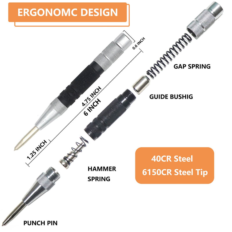 [Australia - AusPower] - 2-Piece Automatic Center Punch, 6 Inch Hardened Steel Spring Loaded Center Hole Punch with Adjustable Knurled Cap for Machinists and Carpenters 