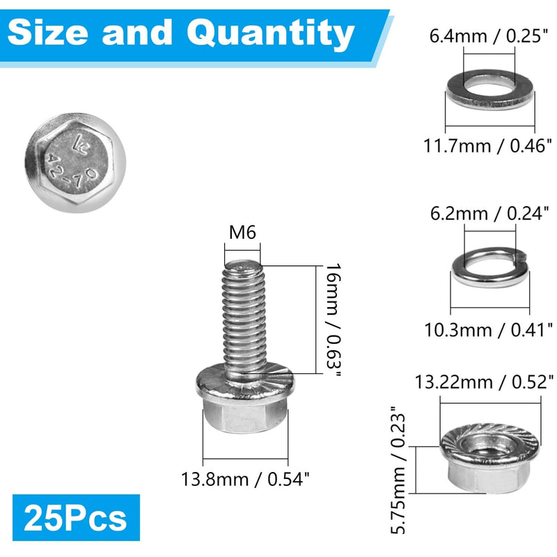 [Australia - AusPower] - Yinpecly 25 Sets M6-1.0 x 16mm Flanged Hex Head Bolts Kits, M6 Flange Hexagon Screws and Nuts,Flat & Spring Lock Washers,18-8 (304) Stainless Steel,Metric Bolt Assortment, Fully Threaded 