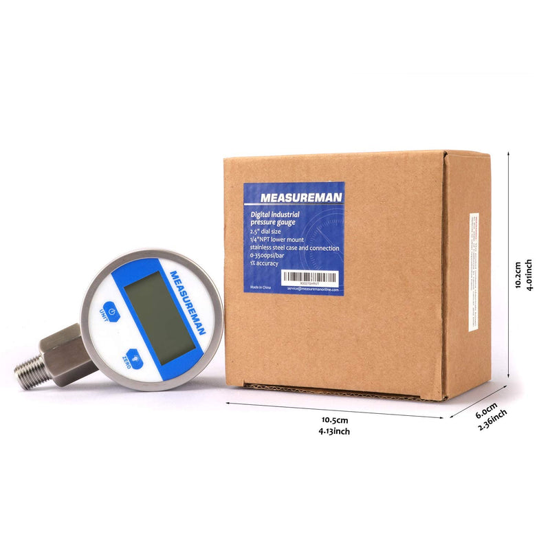 [Australia - AusPower] - MEASUREMAN 2-1/2" dial, Digital Industrial Pressure Gauge with 1/4" NPT Lower Mount, Stainless Steel case and Connection, 0-1000psi/bar, 1%,Battery Powered, with LED Light 2-1/2" Dial, 0-1000psi 1% 