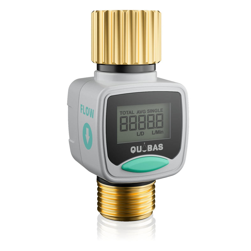 [Australia - AusPower] - QUOBAS Water Flow Meter for RV and Garden Hose, Gallon/Liter Counter to Gauge Flow Rate, Ideal to Monitor Water Tank Filling and Measure Water Usage, Brass Metal Inlet and Outlet 1 