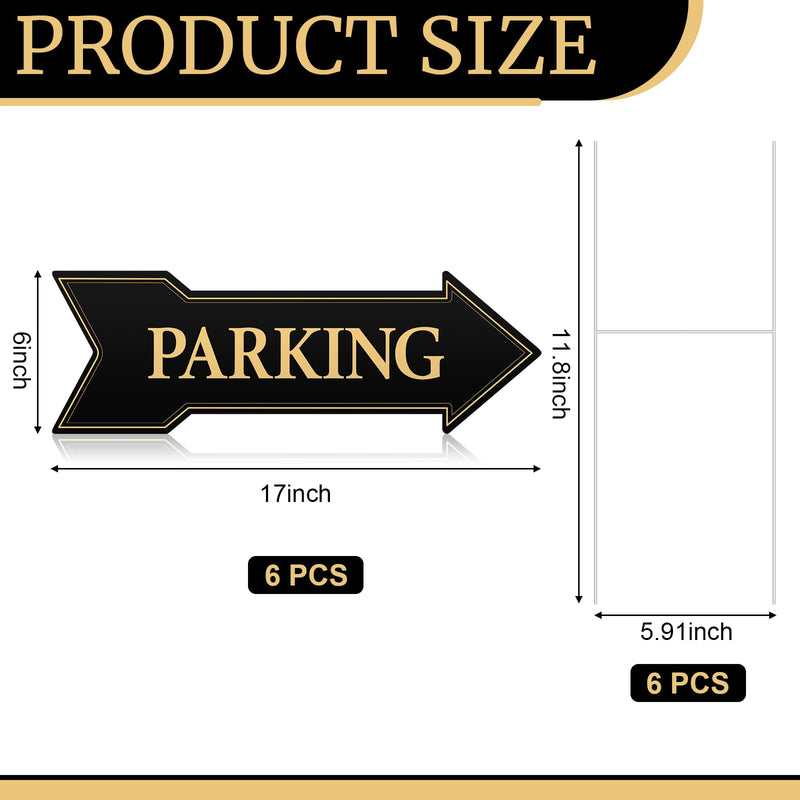 Menkxi 6 Pack Directional Arrow Parking Sign with Metal Stakes17 x 6 Inch Double Sided Wedding Arrow Parking Signs Black and Gold Yard Sign Event Guest Parking Sign for Outdoor Yard Wedding