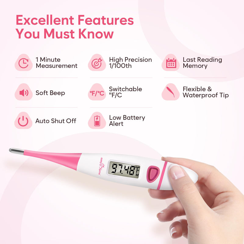 [Australia - AusPower] - Easy@Home Basal Body Thermometer: BBT for Fertility Prediction with Memory Recall - Accurate Digital Basal Thermometer for Temperature Monitoring with Premom App - EBT-018 (Pink) Pink 