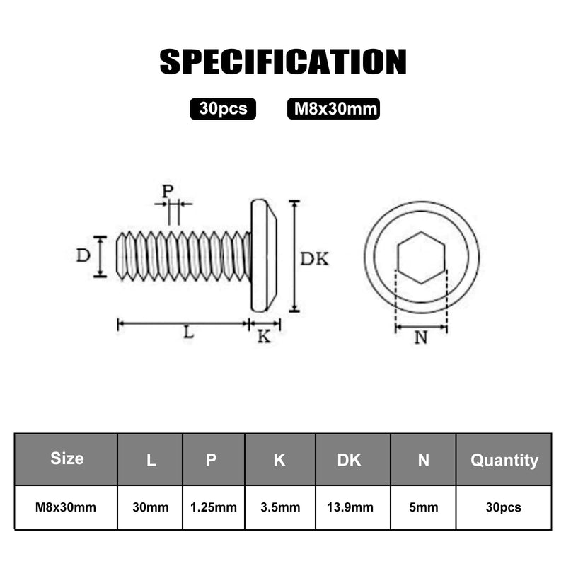 [Australia - AusPower] - M8-1.25 x 30 mm 30Pcs Flat Head Hex Socket Cap Screws Bolts,304 Stainless Steel 18-8,Full Thread,Hex Spanner Included (VG30125) M8 x 30-30pcs Silver 