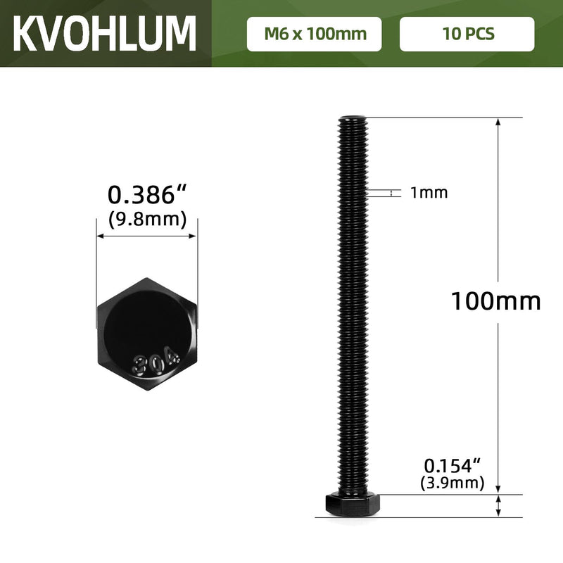 [Australia - AusPower] - 10 PCS M6 x 100mm Hex Head Screw Bolt, Stainless Hex Bolts, Full Thread, 18-8 Stainless Steel (304), Black Coating 
