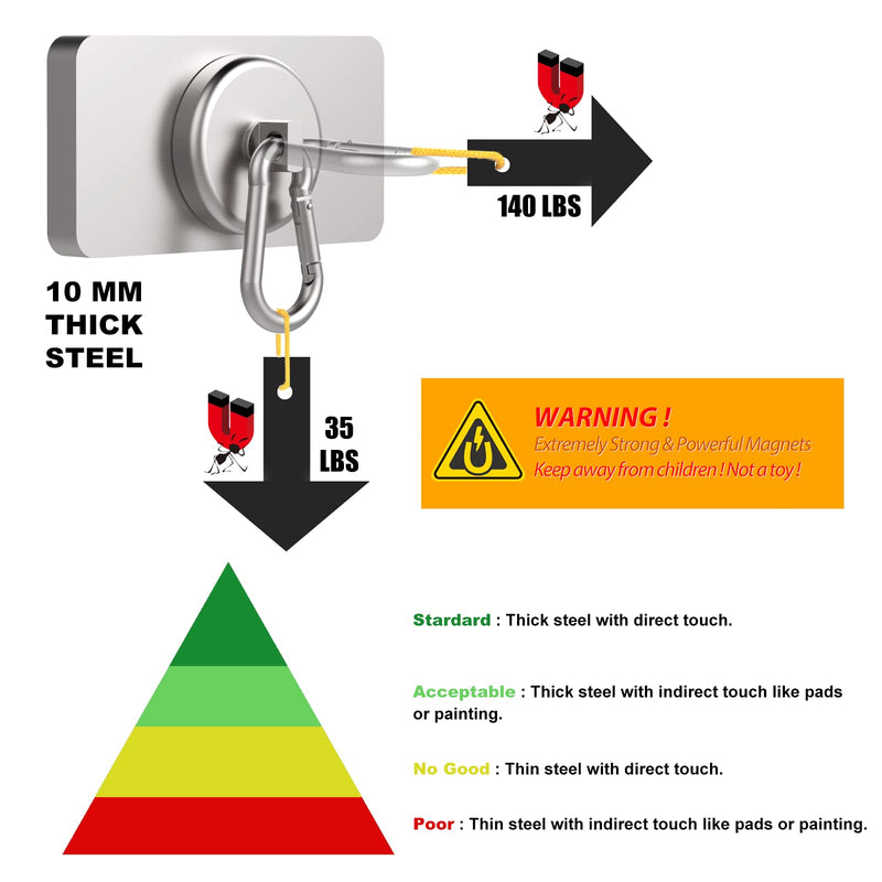 [Australia - AusPower] - Ant Mag Heavy Duty Neodymium Magnet Hooks with Swiveling Carabiner - 140LBS Pull Force, Indoor/Outdoor Hanging, Kitchen, Garage, Cruise Ship (2 Pack) Small Package 2PCS Silver 