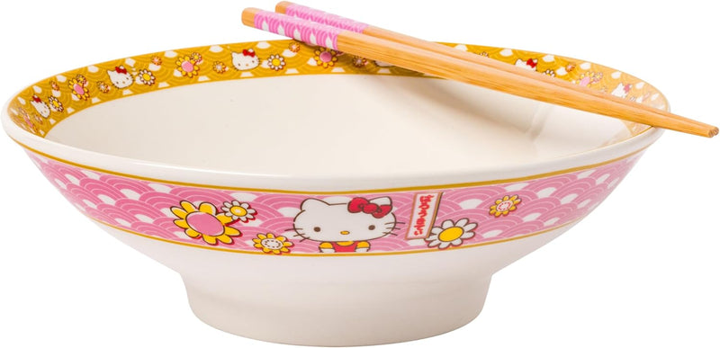 Silver Buffalo Sanrio Hello Kitty Pink, Ramen Bowl with Chopsticks, 30oz 30 Ounces Hello Kitty Waves and Flowers (Big)