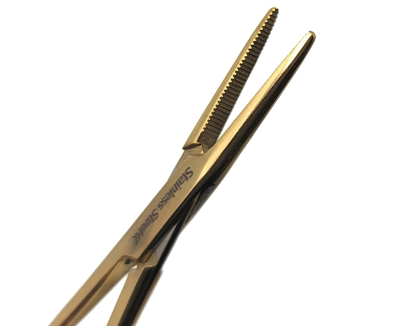 Mosquito Hemostat Locking Forceps 5" Straight with Full Serrated Jaws Ideal for Clamping, Fishing, Firefighters Nurses Doctors + More (Full Gold) Full Gold