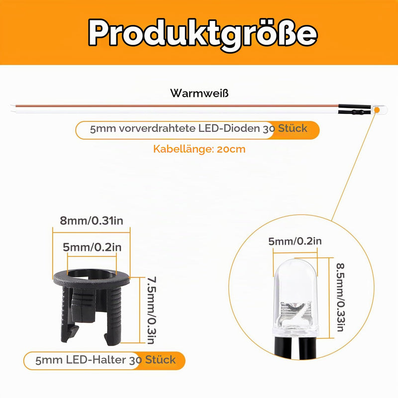 Pack of 30 5 mm 12 V Pre-Wired LED Diode Light, Warm White, 20 cm Pre-Wired Light + 30 Pieces 5 mm Plastic Diode Holder 5 mm. Warm White - 30 pieces
