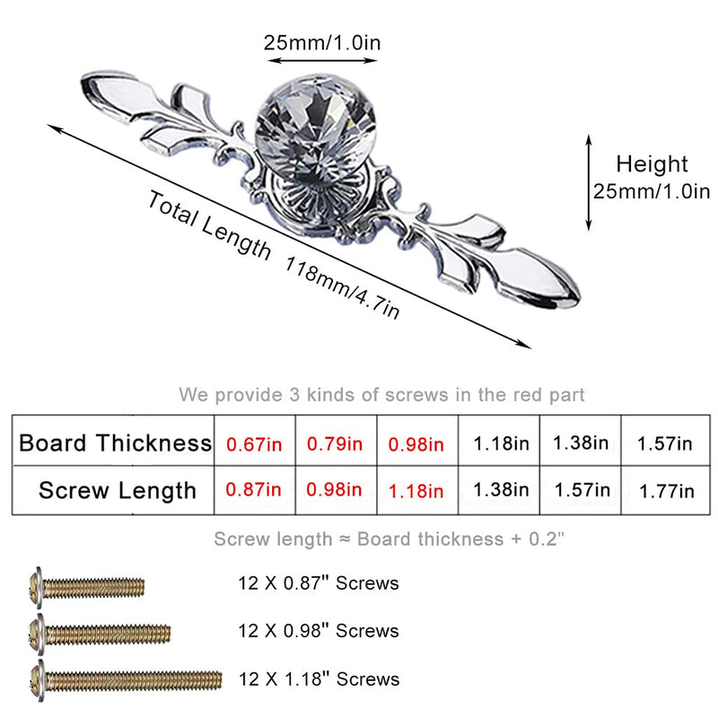 12 Pack Silver Diamond Clear Crystal Glass Decorative Knobs with Plate,Drawer Dresser Knobs Pulls Handles with 3 Kinds of Screws for Kitchen Bathroom Office Decoration (12 Pack, Small, Silver) 12 Pack Small - 4.7inch