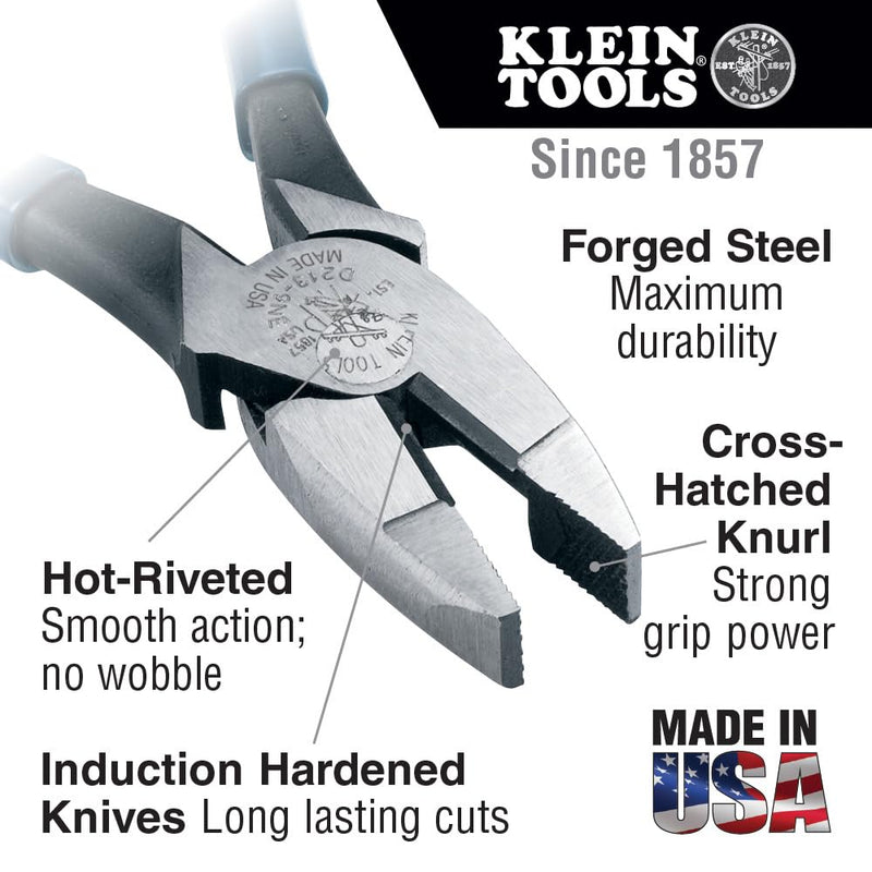 Klein Tools D201-8NE Lineman's New England Nose Pliers with Streamlined Design, Knurled Jaws and Handle Tempering, 7-Inch New England 8-Inch