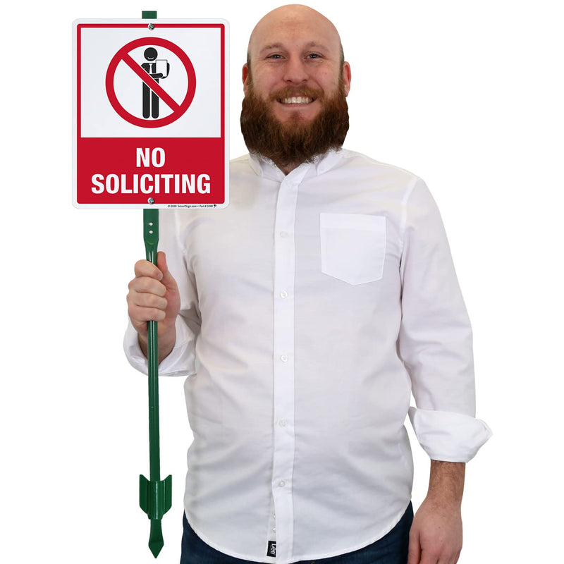 SmartSign 12 x 10 inch “No Soliciting” Yard Sign with 3 foot Stake, 40 mil Laminated Rustproof Aluminum, Red, Black and White, Set of 1