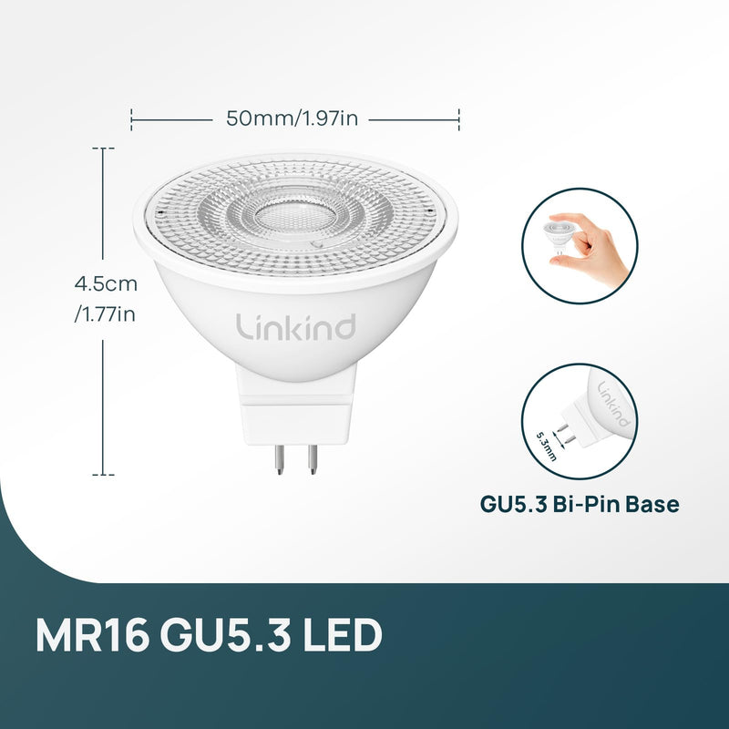 Linkind 12 V GU5.3 LED 3.4 W, 35 Watt Replaced, 2700 K Warm White 36° Beam Angle LED Spot MR16, 360 Lm AC/DC 12 V LED Bulb, 25,000 Hours Life, Not Dimmable, Pack of 5 5 pieces