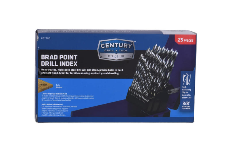 Century Drill & Tool, 37280, 25 PC Set,HSS Brad Point,Drill Bit, Wood Boring Tools 25-Piece Set