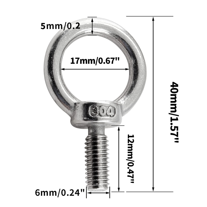 [Australia - AusPower] - 12Pcs M6 Lifting Eye Bolts, 304 Stainless Steel Male Thread Machinery Shoulder Ring Eye Bolt Heavy Duty M6(12Pcs) 