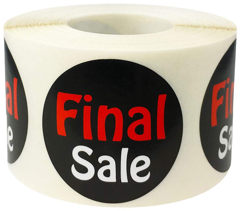 Final Sale Stickers, 1.5 Inch Round Adhesive Labels, Black with Red Text Clearance Stickers, 500 Total Labels on a Roll for Retail Sales, Discounts, and Merchandising – Made in The USA