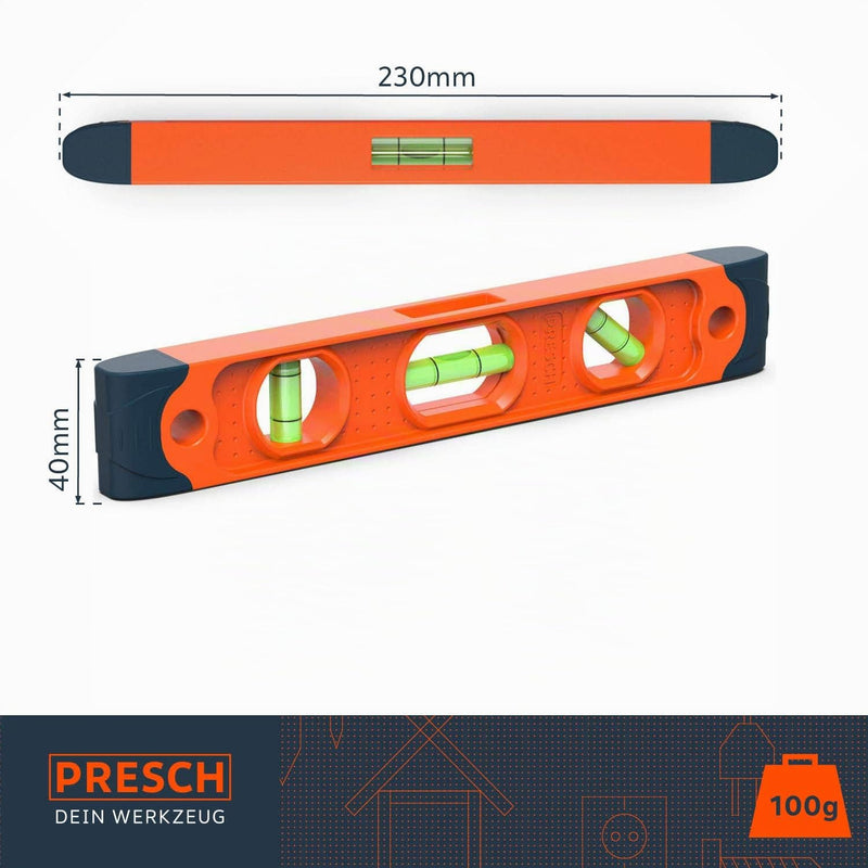 Presch magnetic spirit level 230 mm, small, unbreakable magnetic spirit level with 3 levels for professional building use