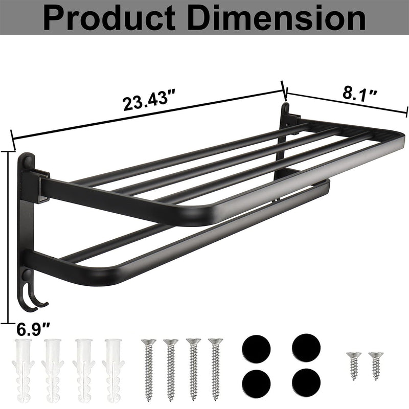 TocTen Towel Rack for Bathroom, Foldable Towel Holder with Double Towel Bars, Wall Mounted Premium Aluminum Bathroom Tower Shelf, Space-Saving Towel Hanger for Bathroom, Lavatory (Black,24 in) Black 1 Pcs 2 Hooks 24 In