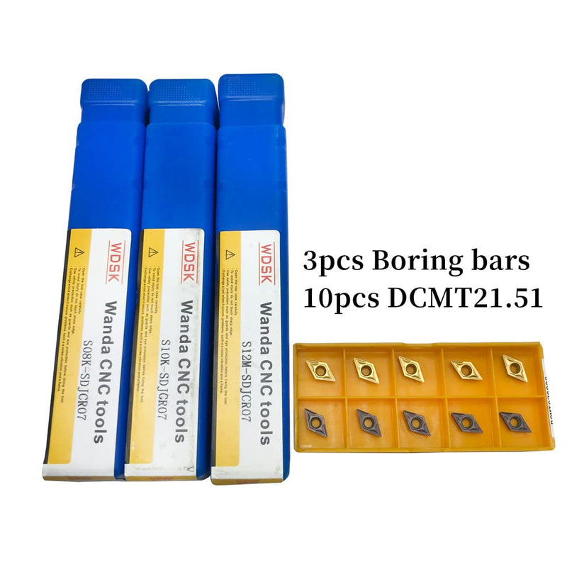 [Australia - AusPower] - 3pcs 95° Turning Boring Bars Turning Tool Holder S08K/S10K/S12M-SDJCR07 Shank Dia 1/3" 3/8" 1/2" Right Hand + 10pcs DCMT21.51 DCMT070204 Carbide Turning Insert for Steel and Stainless Iron 3pcs boring bars + dcmt21.51 