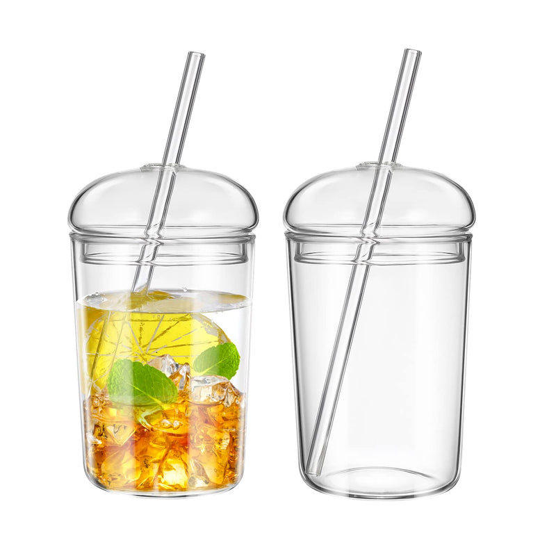 UPKOCH 2 Pcs Glass Cups with Lids and Straws Coffee Tumblers Heat Resistant Milk Cup Clear Drinking Glasses for Bubble Tea Smoothie Coke Soda Home Office Bar 2PCS