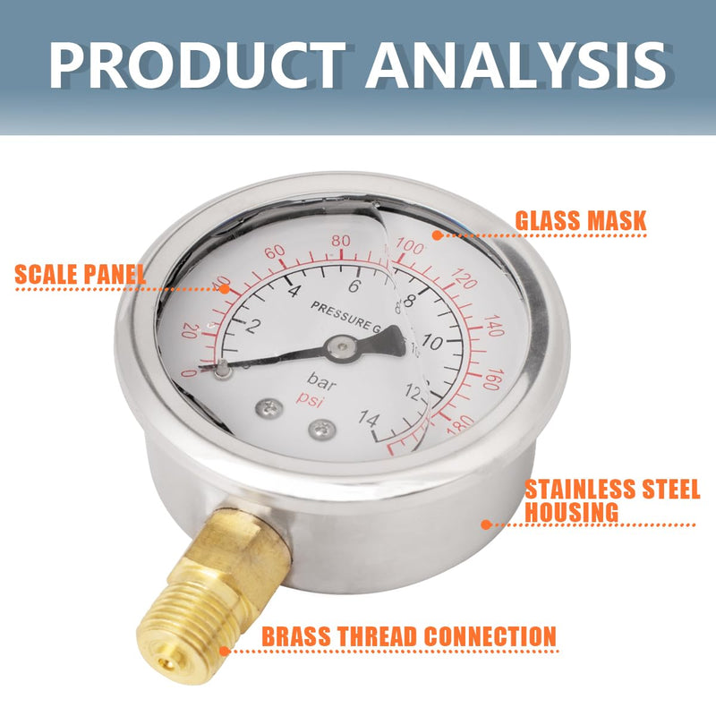 [Australia - AusPower] - Innfeeltech 1-Pcs 40 mm Pressure Gauge BSP 1/8 Inch 0-14 Bar 0 ~ 200 Psi with 3 Pieces Socket 1/8 Inch to 1/4 Inch, 1/8 Inch to 3/8 Inch and 1/8 Inch to 1/2 Inch and Teflon Tape, Radial 40MM, 14bar(200psi) 