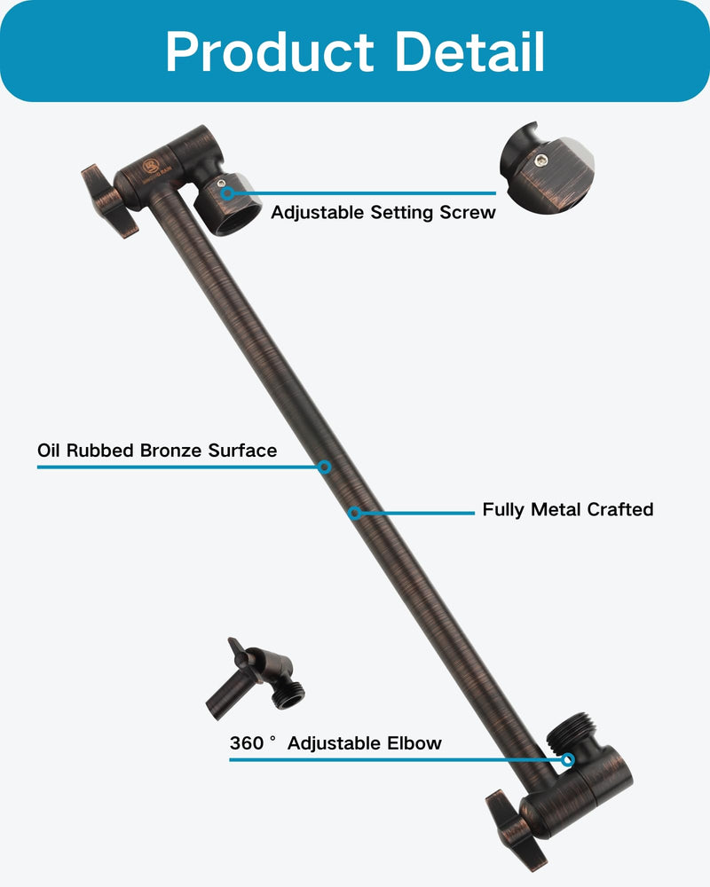 15 Inch Extra Long Adjustable Shower Head Extension Arm With Locking Set Screw, Singing Rain 304 Stainless Steel Angle Height Adjustable, G1/2 Universal Connector Compatible (Oil Rubber Bronze) 15 inch 4. Oil Rubbed Bronze