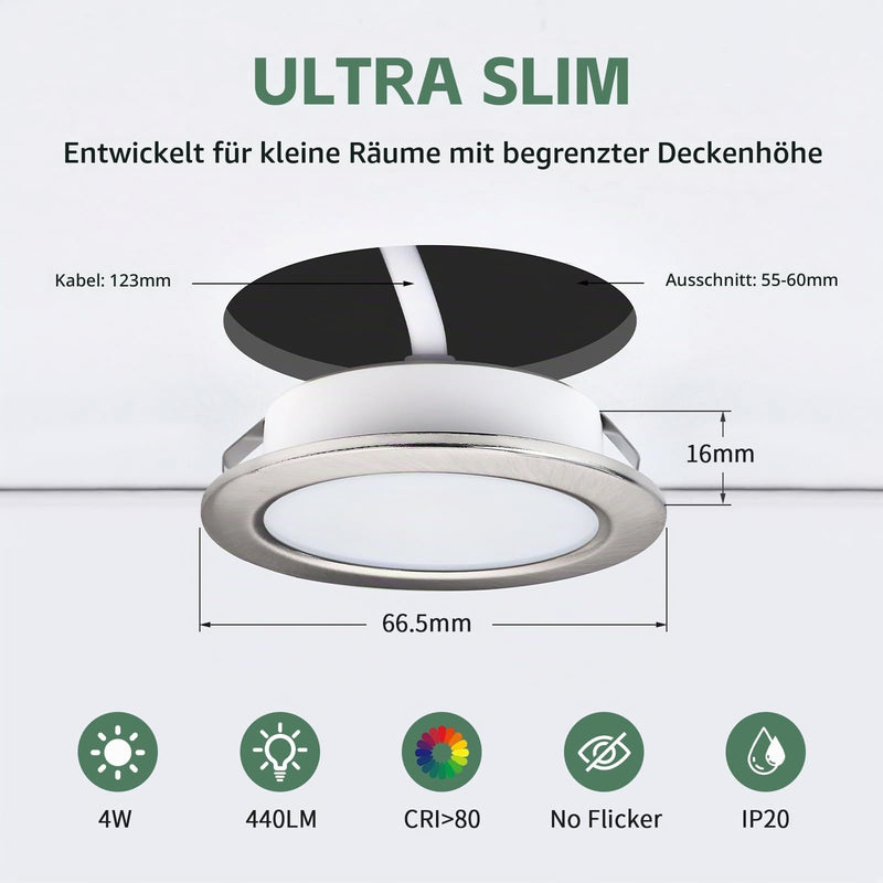 Kyotech LED Recessed Spotlight 230V 4000K Warm White Recessed Furniture Light 55-60mm | 4 W 440 LM LED Spotlights Ultra Flat 16 mm Recessed Lights for Kitchen Living Room Bedroom 3 Nickel Brushed Nickel 4000k 3 pieces