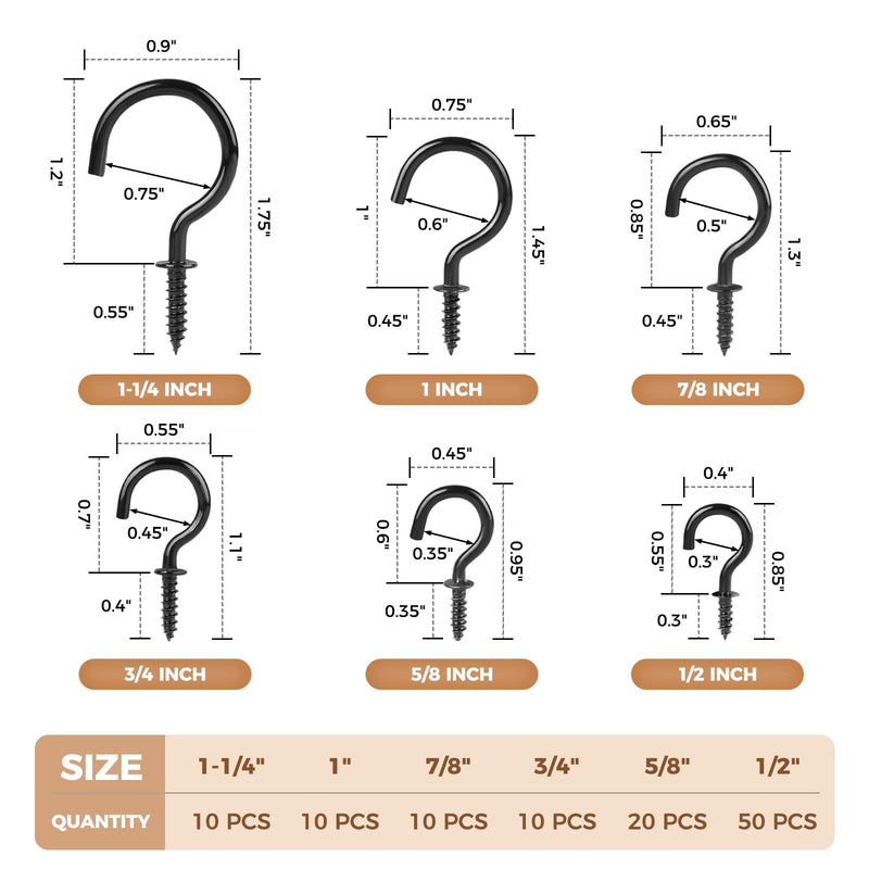 [Australia - AusPower] - RELBRO Screw Hooks, 6 Sizes Metal Screw in Cup Hooks, 1/2 Inch, 5/8 Inch, 3/4 Inch, 7/8 Inch, 1 Inch, 1-1/4 Inch, Black, 110 Pcs 