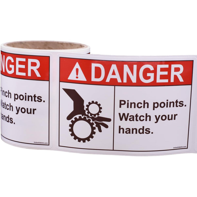 Pinch Points Danger Labels, OSHA Safety Labels, 3.5 x 5 Inch, 25 Labels Per Roll, Essential for Warehouse, Machine and Equipment Safety Signs for Workplace