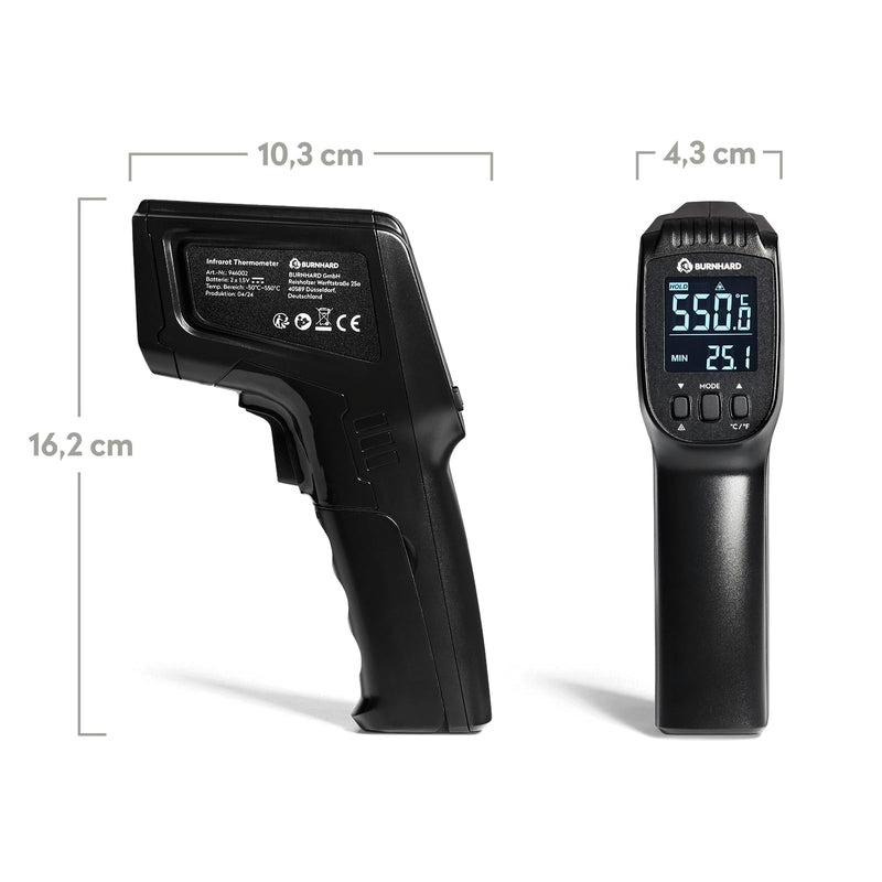 [Australia - AusPower] - BURNHARD Infrared Thermometer, Dual Laser, -50 - 550 °C, Laser Temperature Meter with Hold Function, Battery Operated, Emissivity Adjustable, Ideal for Pizza Stones and Grill Plates 