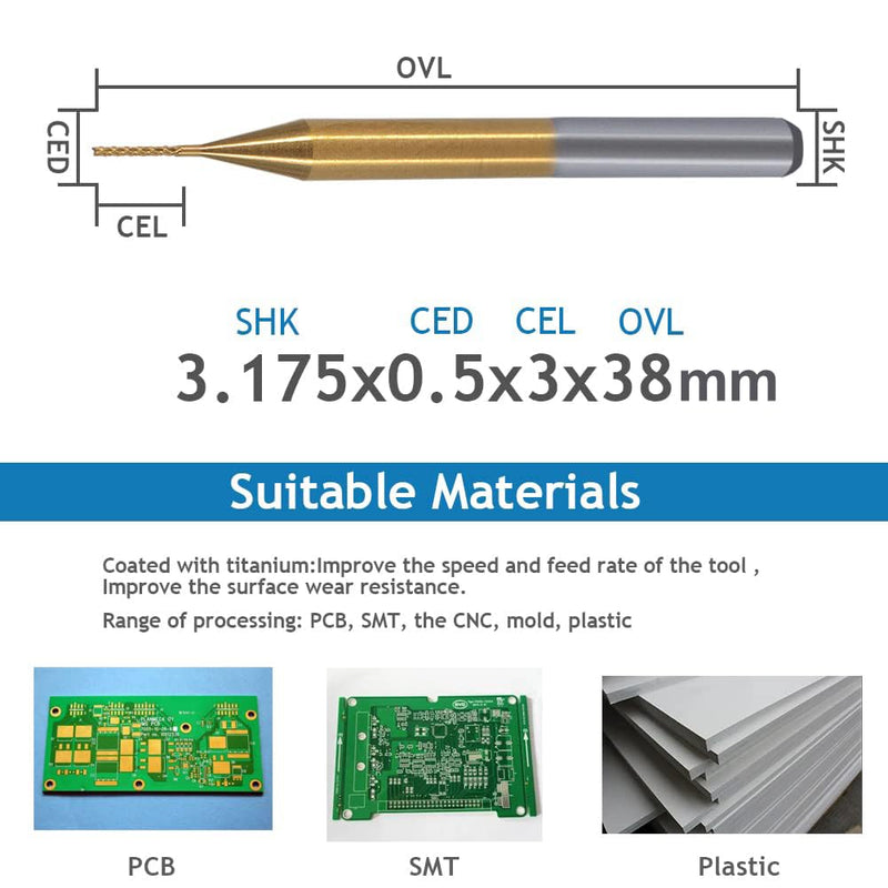 [Australia - AusPower] - EU_HOZLY Titanium Coat Carbide 3.175mmX0.5mmX3mm End Mill Engraving Bits CNC Rotary Burrs Pack Of 10 0.5mm 