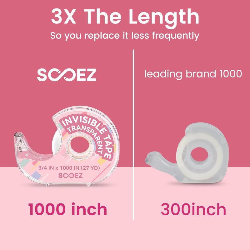 Sooez Invisible Tape for Gift Wrapping, 3 Mega Rolls = 9 Regular, 3/4″x 1000″, 3 Rolls with 3 Tape Dispenser Engineered for Repairing, Clear Tape for Christmas Wrapping, Paper, Office&School Supplies
