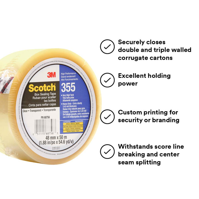 3M Scotch 51115687563 355 Industrial-Grade Packing Tape, Clear, 48 mm x 50 m, High Performance Sealing Tape for Heavy-Duty Commercial Packaging, Shipping, Moving, Carton and Box Sealing, 1 Pack