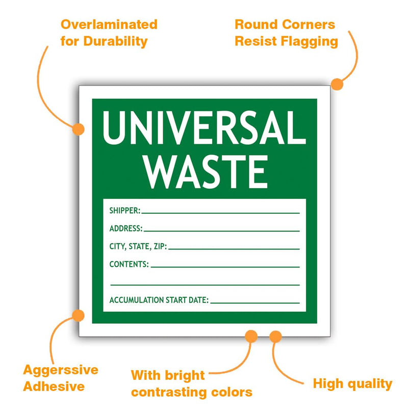 Hazardous Waste Label Universal Waste 6"x6" Adhesive-Poly Vinyl Warning Stickers Self Adhesive White/Black/Purple Tag 30 Pack