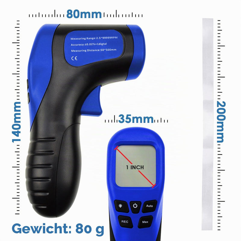 2.5-99999 RPM Record (60 Data)/MAX/MIN/AVG Function Handheld Digital Laser Non-Contact Tachometer Speedometer Surface