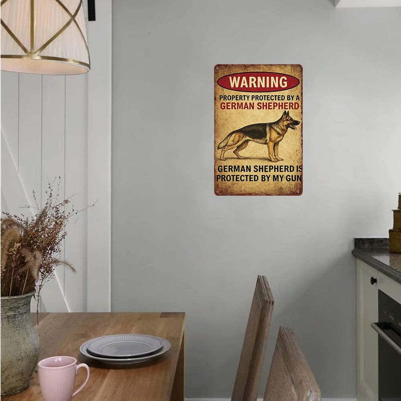 German Shepherd Warning Sign - Property Protected by Gun - Rustic Decorative Wall Art - 12x8 inch Aluminum Plaque for Home, Office, or Garage