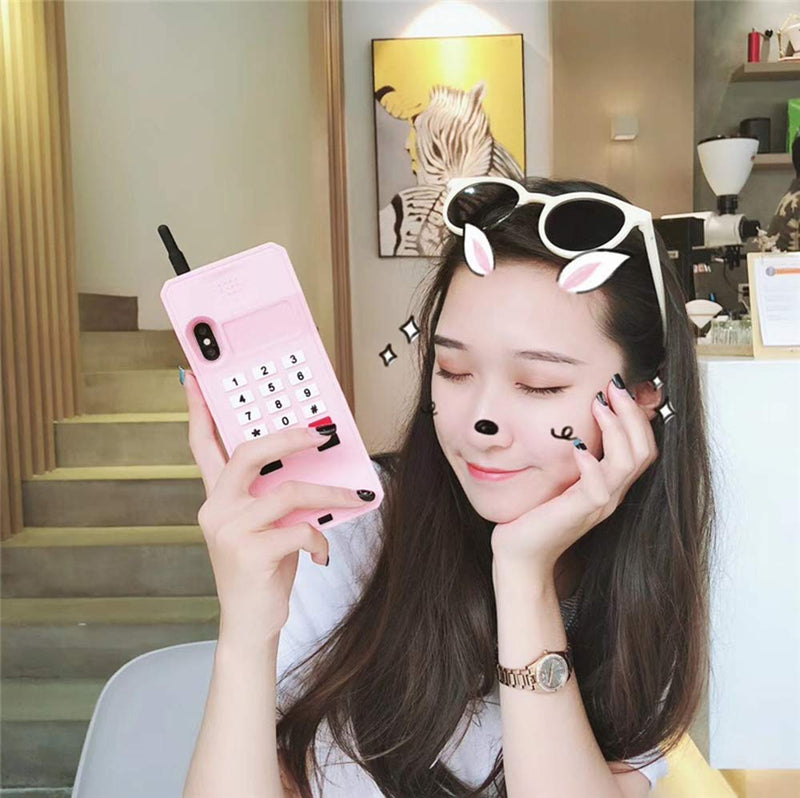 [Australia - AusPower] - UnnFiko 3D Silicone Case Compatible with iPhone 14 Pro Max, Retro Classic Creative Soft Rubber Bumper Cover Cool Fun Thick Protective Stand Case (Retro Cellphone Pink, iPhone 14 Pro Max) Retro Cellphone Pink 