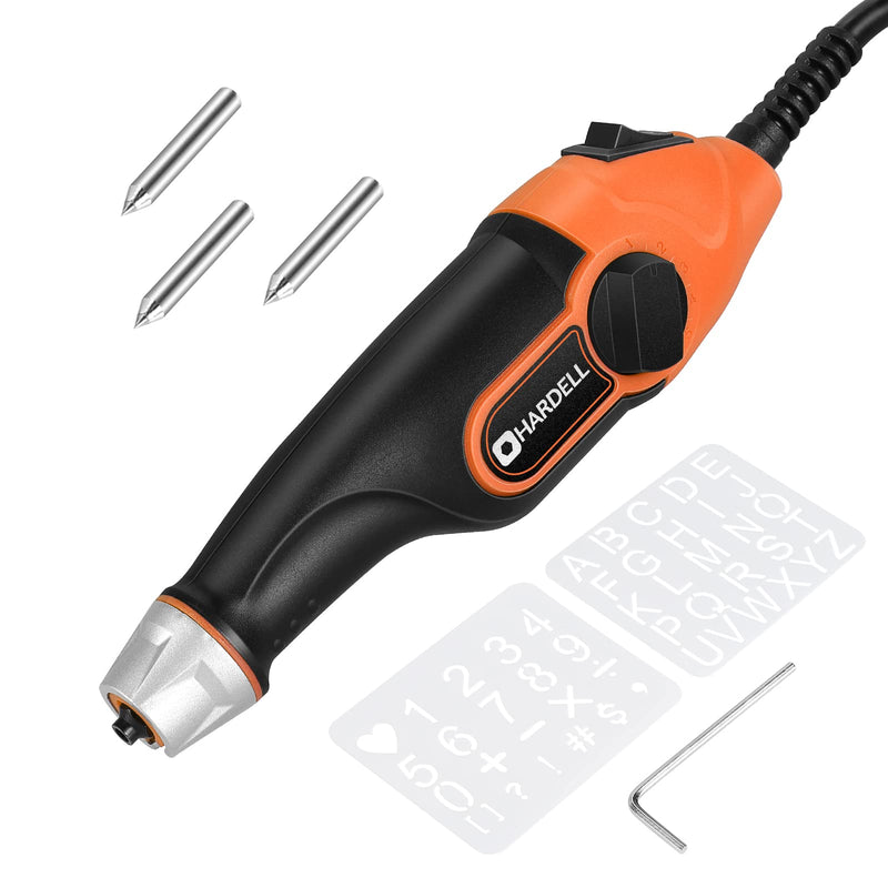 HARDELL 24W Engraving Pen, 5 Speed Engraving Tool with Letter/Number Stencil, Soft Handle Engraver Pen with Tungsten Carbide Steel Bits for Metal, Stone, Wood, Leather, Glass, PVC Pipe, DIY Crafts Orange
