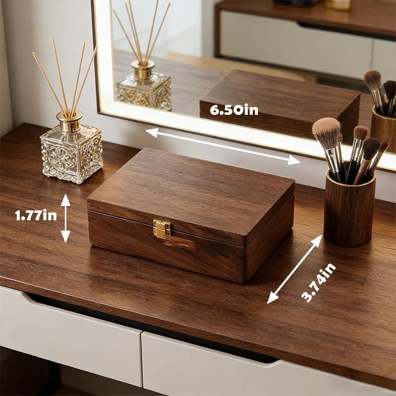 Real Wooden Jewelry Box With Flannelette Lining Travel Portable Multi-functional Suitable For Rings Bracelets Necklaces With Compartmented Storage And Elastic Pockets For Organization Small