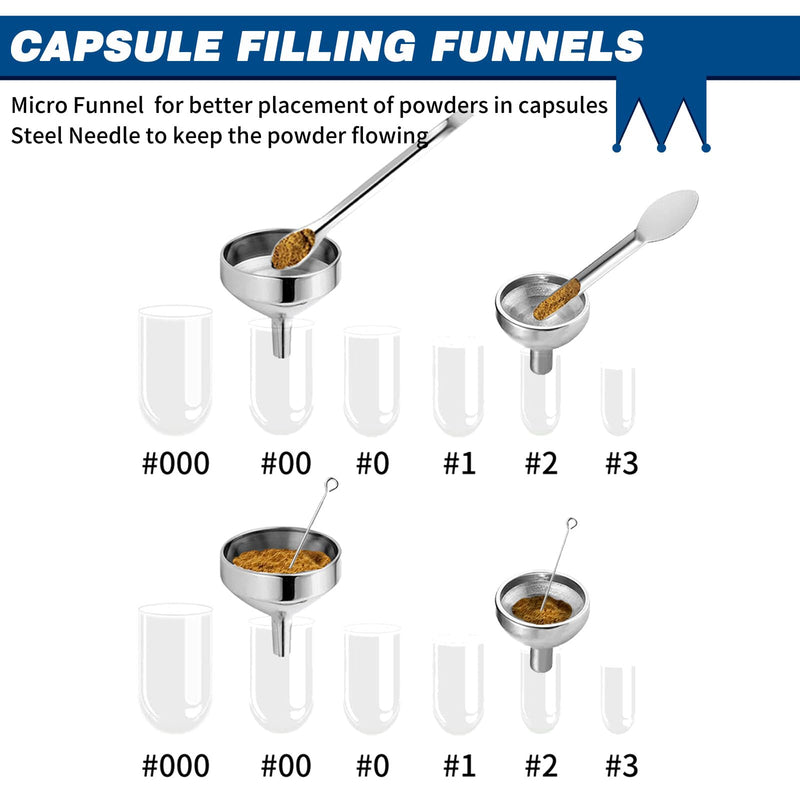 [Australia - AusPower] - Capsules Filling Machine Tray Kit - 12Pcs Powder Tamper Capsule Holder Filler Maker Tool - Empty Gel Lab Scoops Tiny Spatula Micro Spoon Funnel Quick Fill Tools Size #000 00 0 1 2 3 
