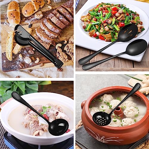 Black Buffet Catering Utensils - 15 Piece Set, Large Spoons, Slotted Spoons, Forks, Tongs, Soup Ladle, Pie Server, Dishwasher Safe 15pc/Black-S
