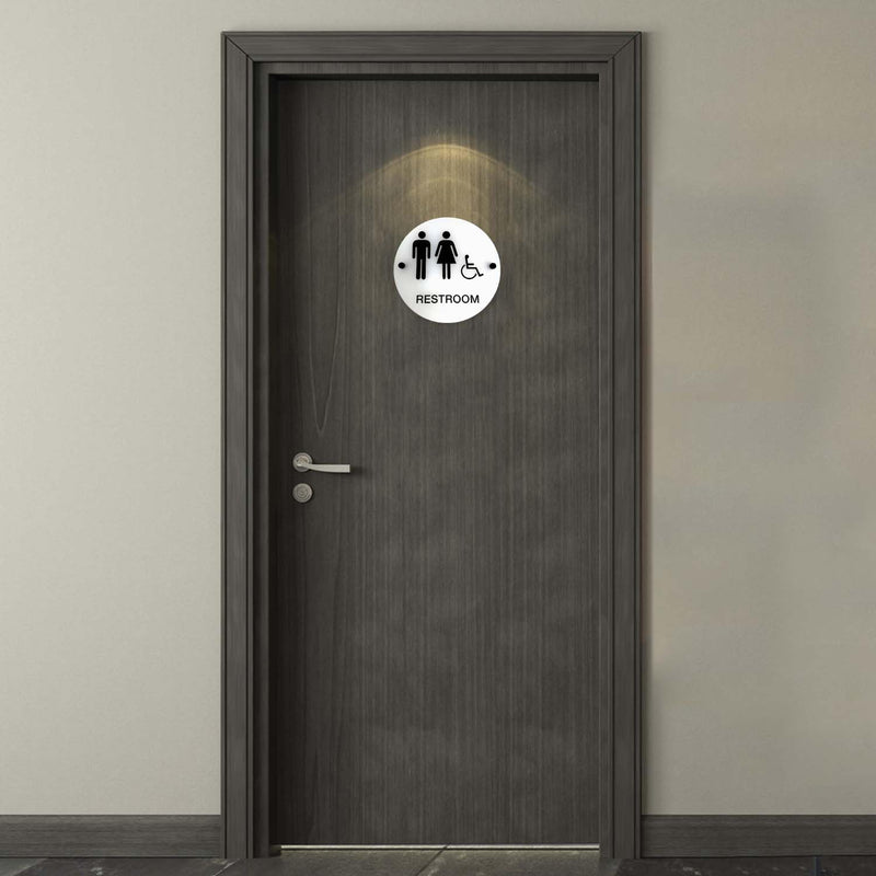 Frosted Designer ADA Unisex Restroom Sign / 9" Round Gender Neutral Bathroom Sign With Braille And Handicap Symbol/Chic Translucent Sign With Stand Off Mounts/Made In The USA Frosted 9” Sign