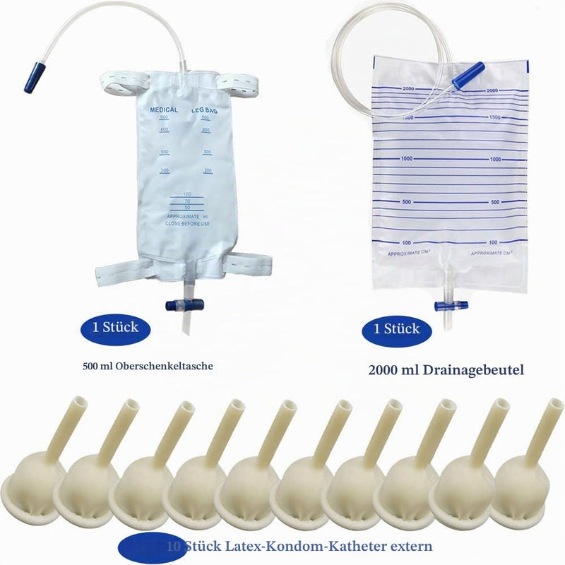 External Condom Catheter Set, 30 mm, Pack of 10 | Condom catheter external set, 2000 ml urine bag, 500 ml leg bag, urine drainage bag 500+2000ML-30MM