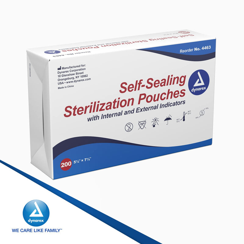 Dynarex Sterilization Pouches - Self-Sealing Autoclave Bags for Medical, Dental, Tattoo & Nail Care Tools - Blue-Tinted Transparent Cover, Dual Color Indicators (5.25" x 7.5", 200) 5.25" x 7.5"