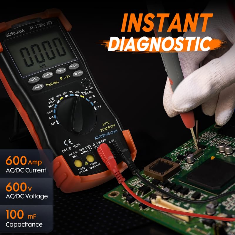 [Australia - AusPower] - 6000 Counts Bluetooth Digital Multimeter, Auto-ranging TRMS Volt Meter for AC/DC Voltage, Current, Resistance, Diode Test, Temperature, Capacitance with Lamp NCV, Orange 