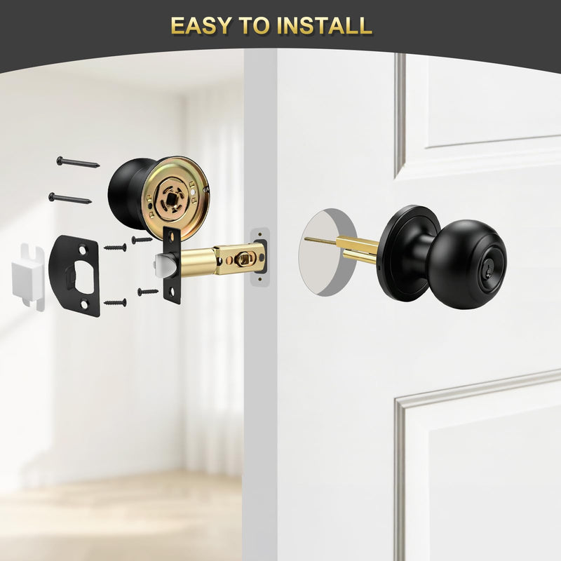 2 Pack Keyed Entry Door Knob, Entrance Door Lock, Keyed Different, Flat Ball, Matte Black Interior and Exterior Entry Door Knobs 2