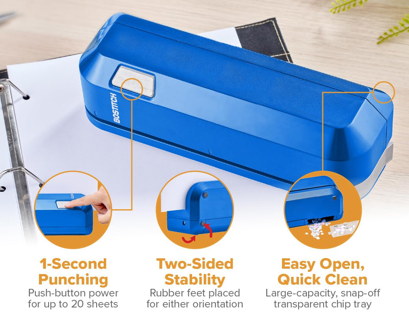 Bostitch Office Electric 3-Hole Punch, Dual Paper Loading, Heavy Duty, Jam-Free 20 Sheet Capacity, AC Adapter or Battery Powered, Space Saving, Blue, (EHP20-BLUE)