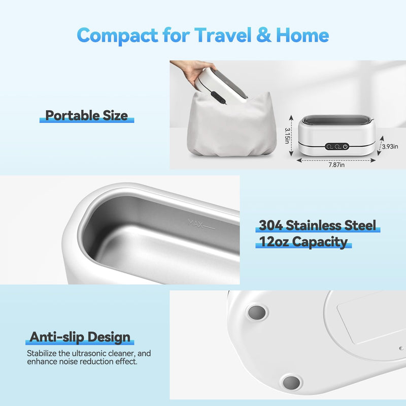 [Australia - AusPower] - Ultrasonic Jewelry Cleaner, 48KHz Ultrasonic Cleaner Machine for Jewelry, Eyeglasses, Rings, Watch Strap, Dentures- Dual Cleaning Modes, 304 Stainless Steel Tank White 