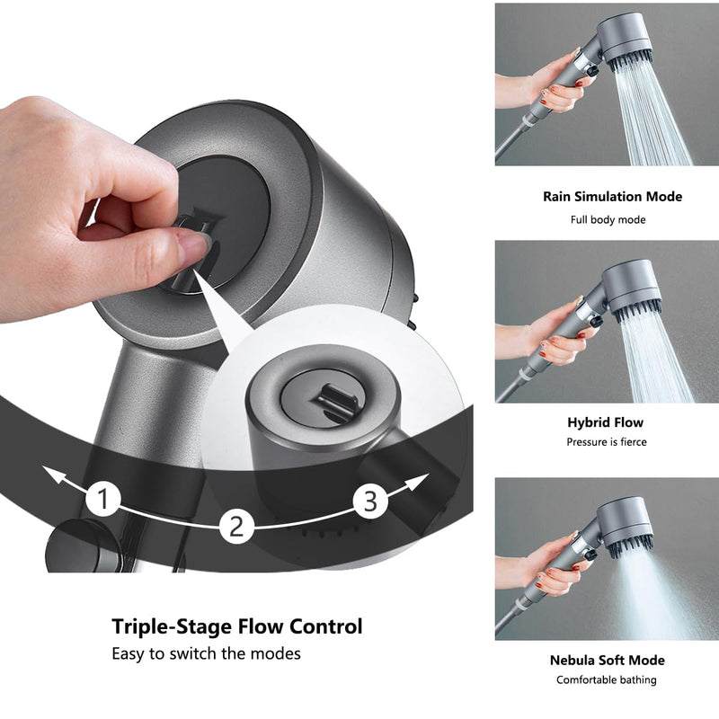 Filtered Shower Head with Handheld - High Pressure 3 Spray Modes Showerhead with Filters, 12 Replaceable Water Softener Filters for Hard Water | Ion Shower Head with 75" Anti-Burst Hose Gray